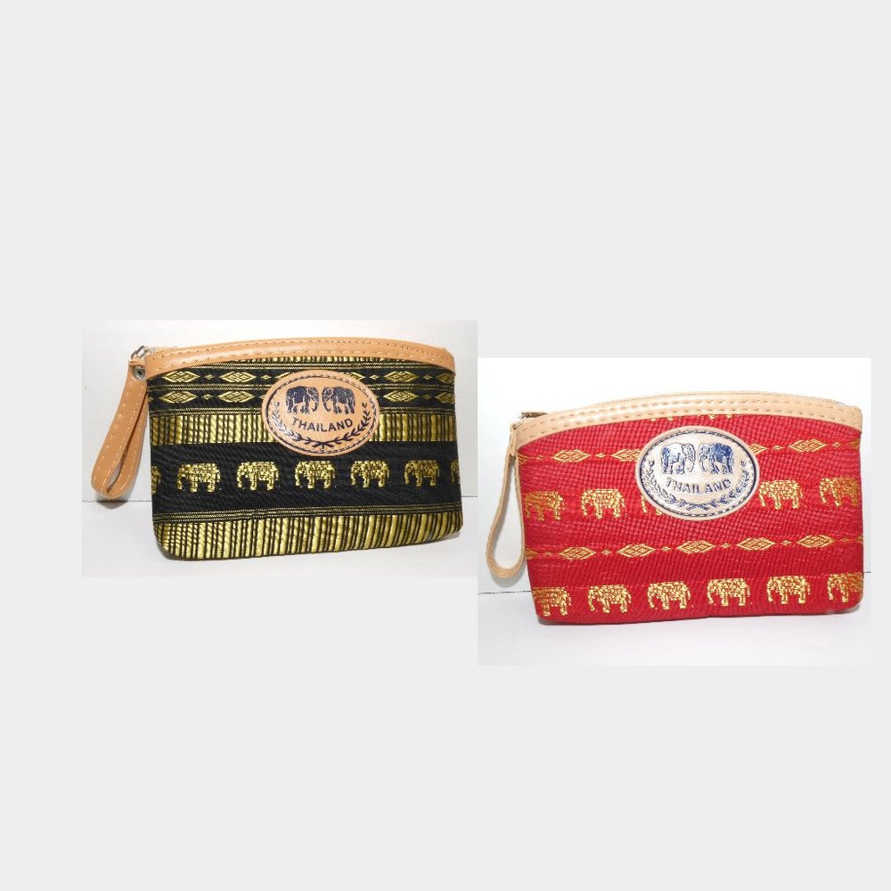 Pair of 2 Coin Purse Red Black Gold Embossed Thailand Small Pouches Zipper NEW